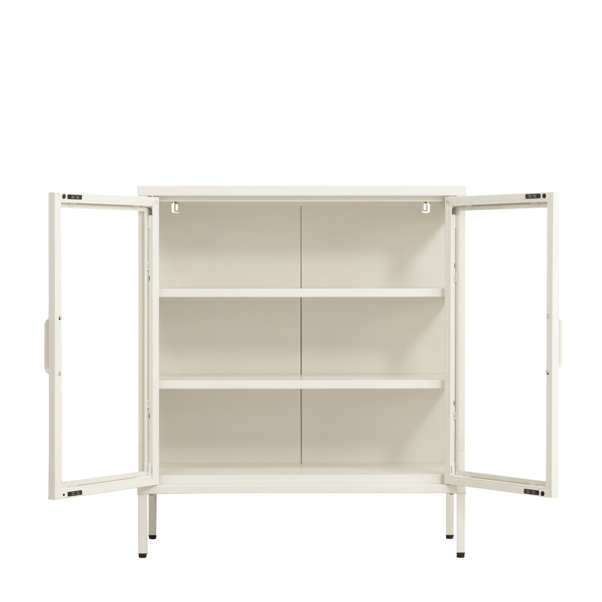White shelving cabinet with both glass doors fully open, displaying three spacious storage levels and a clean white interior.