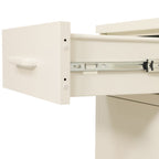 Close-up of the white sideboard's slim square leg, highlighting its white finish and black adjustable foot.