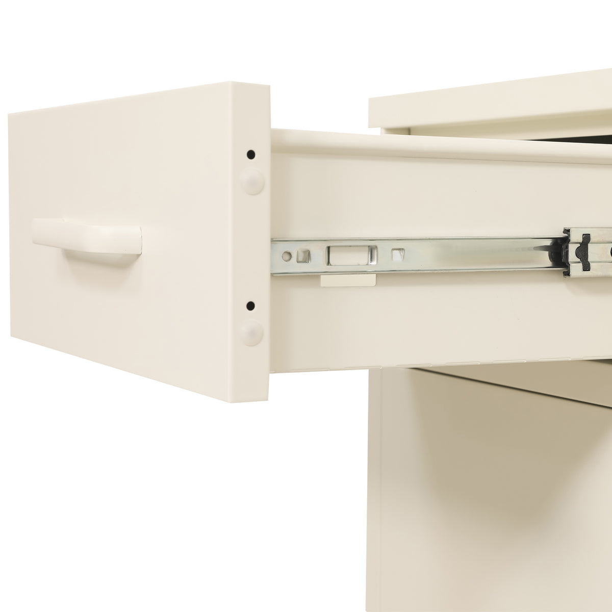 Close-up of the white sideboard's slim square leg, highlighting its white finish and black adjustable foot.