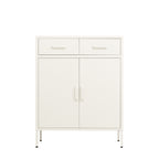 Front view of a white sideboard featuring two upper drawers, two cupboard doors, matching white handles and slim raised legs.