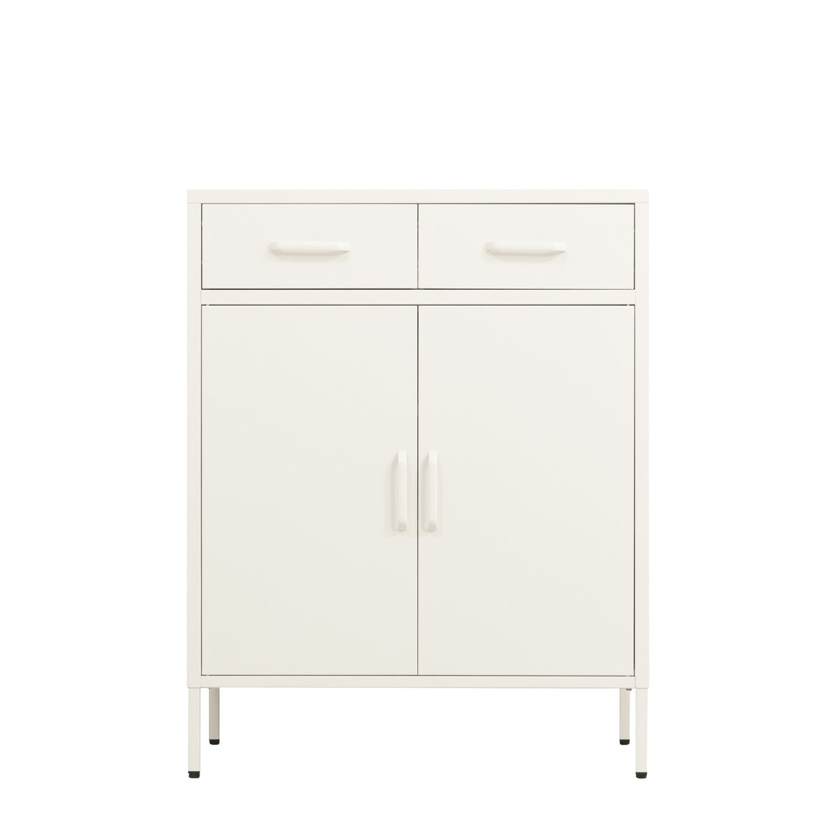 Front view of a white sideboard featuring two upper drawers, two cupboard doors, matching white handles and slim raised legs.