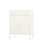 Angled view of a white sideboard showcasing its two drawers, double-door cupboard, smooth finish and sleek raised legs.