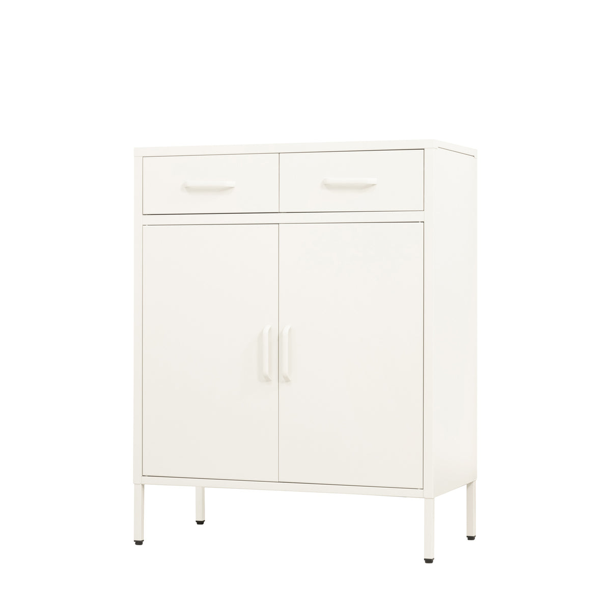 Angled view of a white sideboard showcasing its two drawers, double-door cupboard, smooth finish and sleek raised legs.