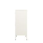 Side view of a white sideboard highlighting its solid white side panel, clean lines and slim raised legs.