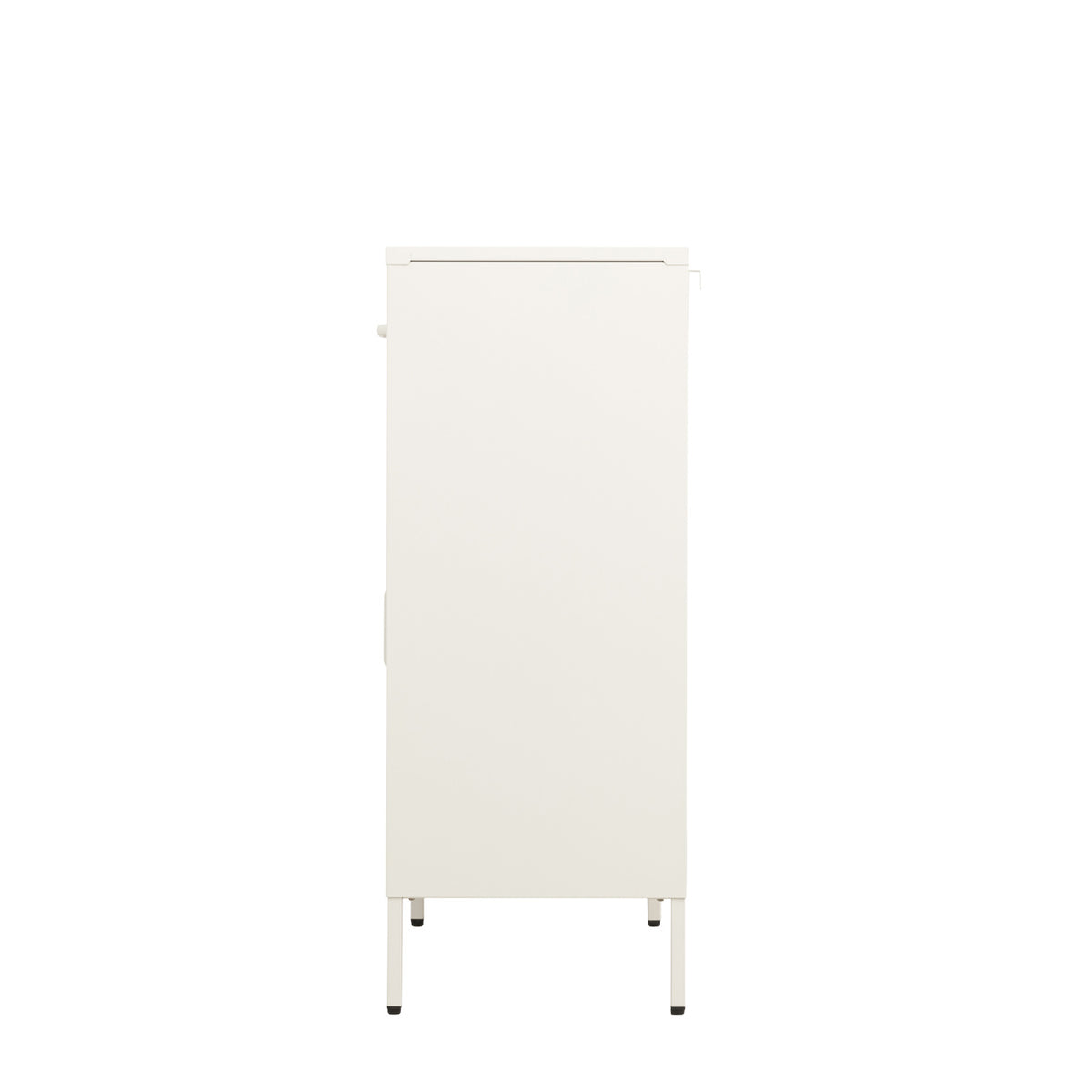 Side view of a white sideboard highlighting its solid white side panel, clean lines and slim raised legs.