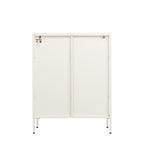 White sideboard with one cupboard door open, revealing spacious internal shelves and two upper storage drawers.
