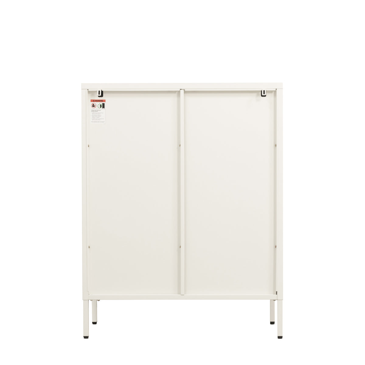 White sideboard with one cupboard door open, revealing spacious internal shelves and two upper storage drawers.