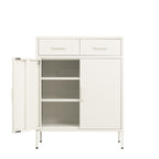 White sideboard with both cupboard doors fully open, displaying three internal storage levels beneath two upper drawers.