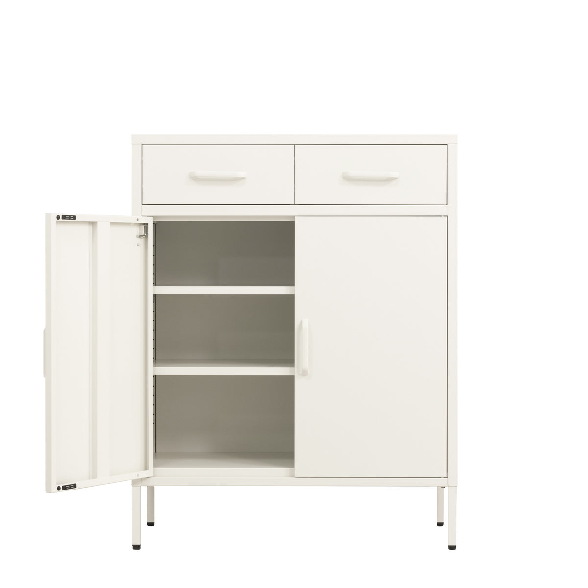 White sideboard with both cupboard doors fully open, displaying three internal storage levels beneath two upper drawers.