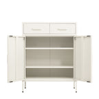 Close-up of the white sideboard's cupboard doors, highlighting the matching white vertical handles and smooth finish.