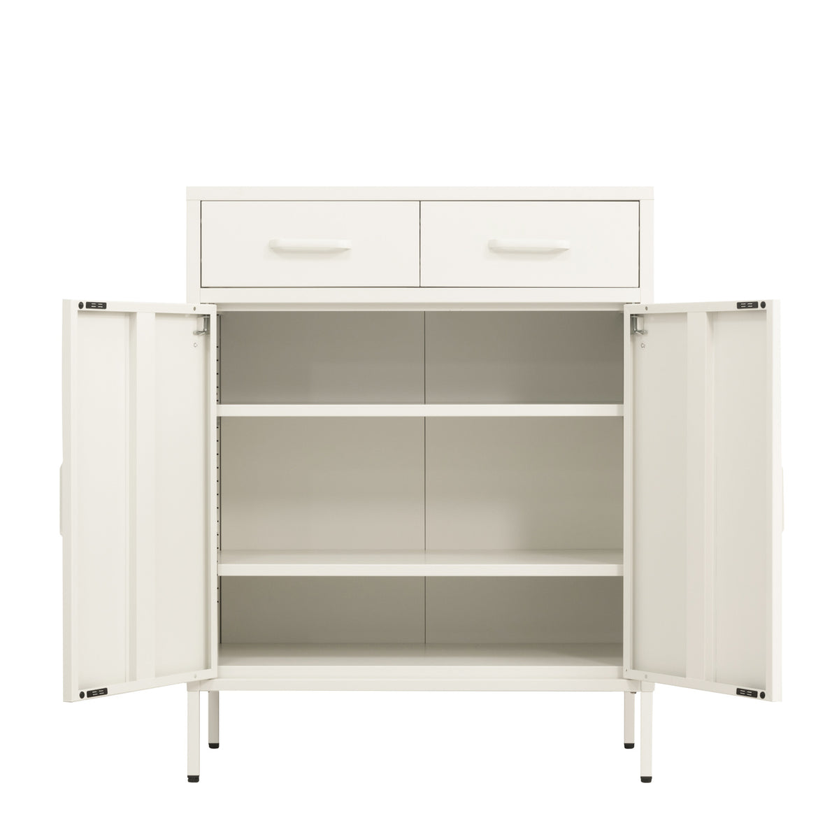 Close-up of the white sideboard's cupboard doors, highlighting the matching white vertical handles and smooth finish.