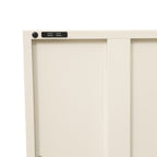 Close-up of the white sideboard's upper drawer, highlighting the white horizontal handle and smooth surface.