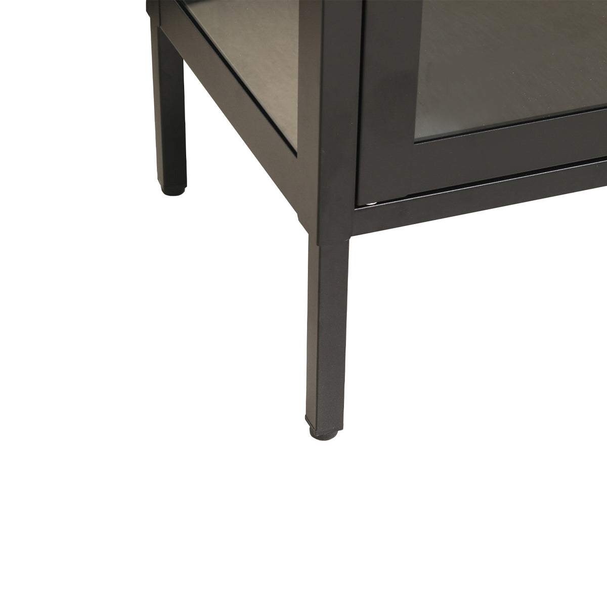 Close-up of the black TV cabinet's slim square leg, highlighting its black finish and adjustable foot.