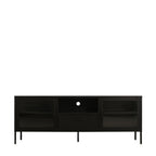 Front view of a black TV cabinet with two glass-panelled doors, a central open media compartment, storage drawer and slim raised legs.