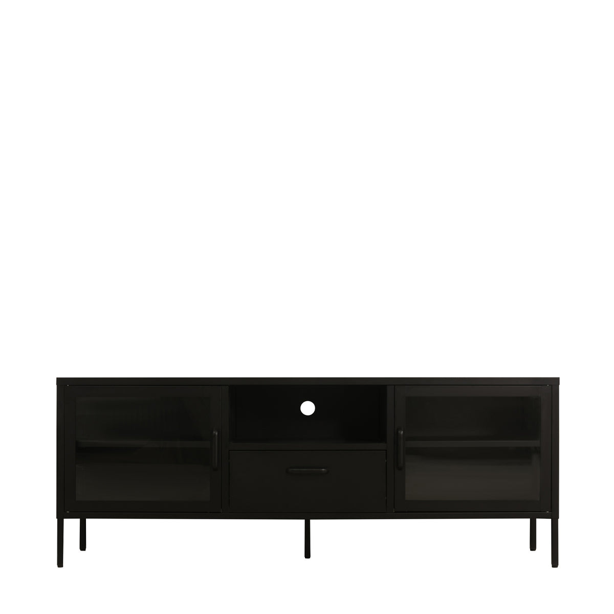 Front view of a black TV cabinet with two glass-panelled doors, a central open media compartment, storage drawer and slim raised legs.