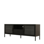 Angled view of a black TV cabinet showcasing its glass-panelled cupboard doors, central storage drawer, open media shelf and sleek black finish.