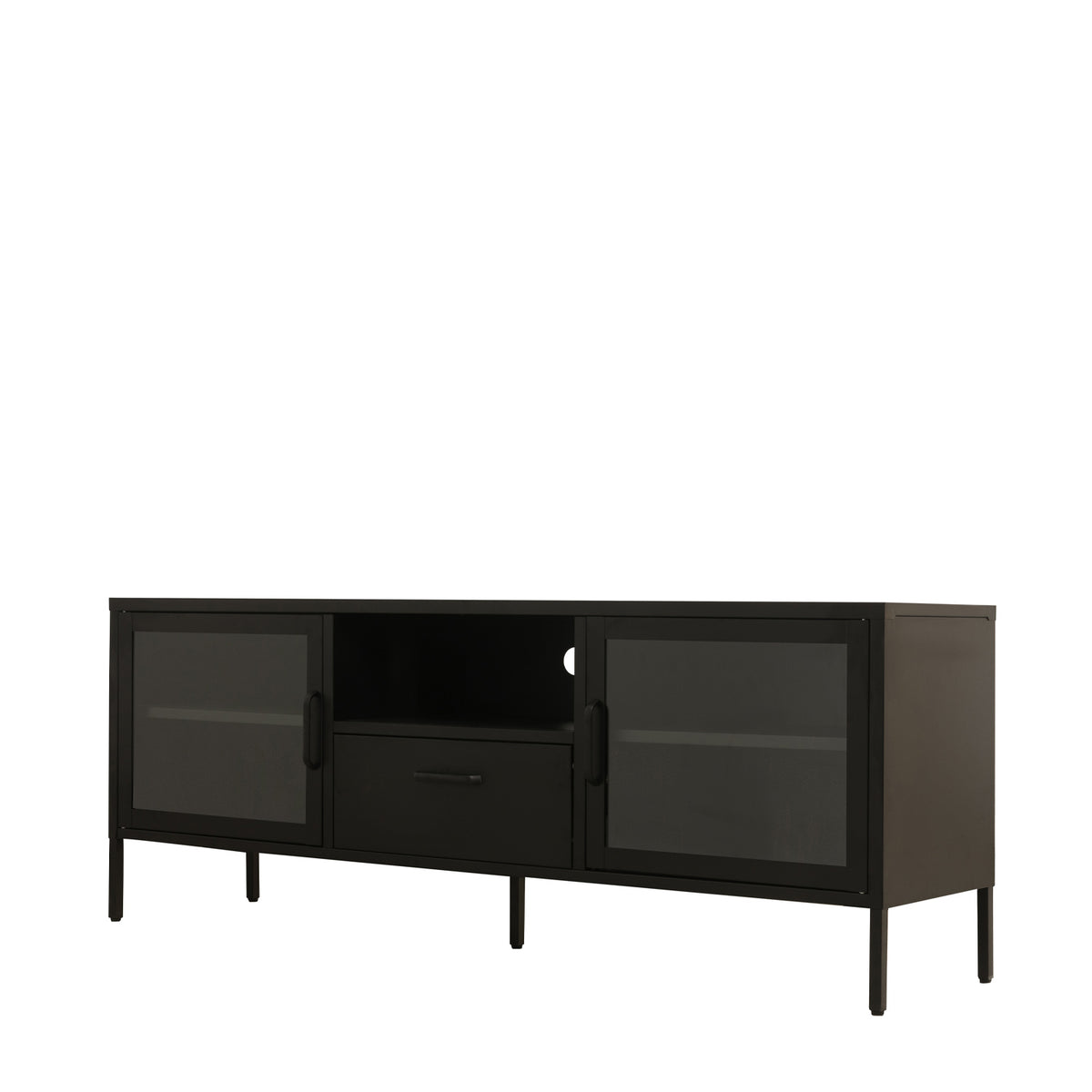Angled view of a black TV cabinet showcasing its glass-panelled cupboard doors, central storage drawer, open media shelf and sleek black finish.