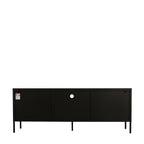Rear view of the black TV cabinet showing its solid back panels, central cable management opening and slim raised legs.