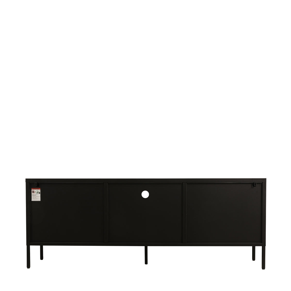 Rear view of the black TV cabinet showing its solid back panels, central cable management opening and slim raised legs.
