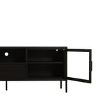 Black TV cabinet with the right glass door open, revealing internal storage shelves and the central media compartment with a cable management opening.