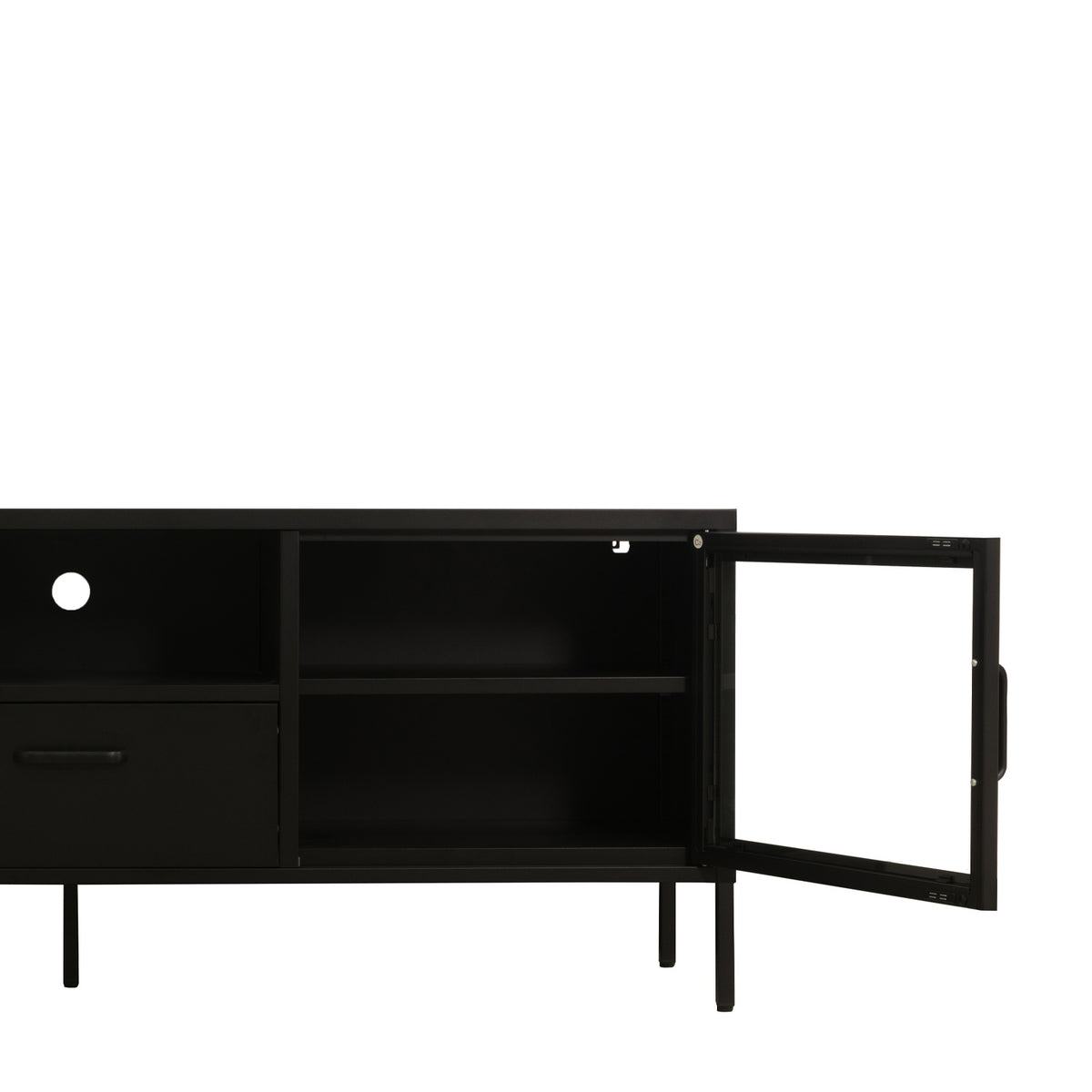 Black TV cabinet with the right glass door open, revealing internal storage shelves and the central media compartment with a cable management opening.
