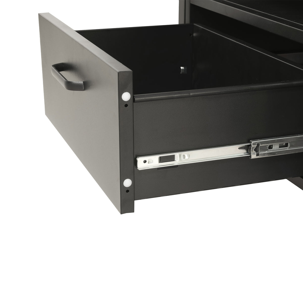 Close-up of the black TV cabinet's open drawer, showing its spacious interior and metal sliding runners.
