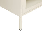 Close-up of the white TV cabinet's slim square leg, highlighting its white finish and adjustable black foot.