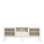 Front view of a white TV cabinet with two glass-panelled doors, internal shelving, central open media compartment, storage drawer and slim raised legs.