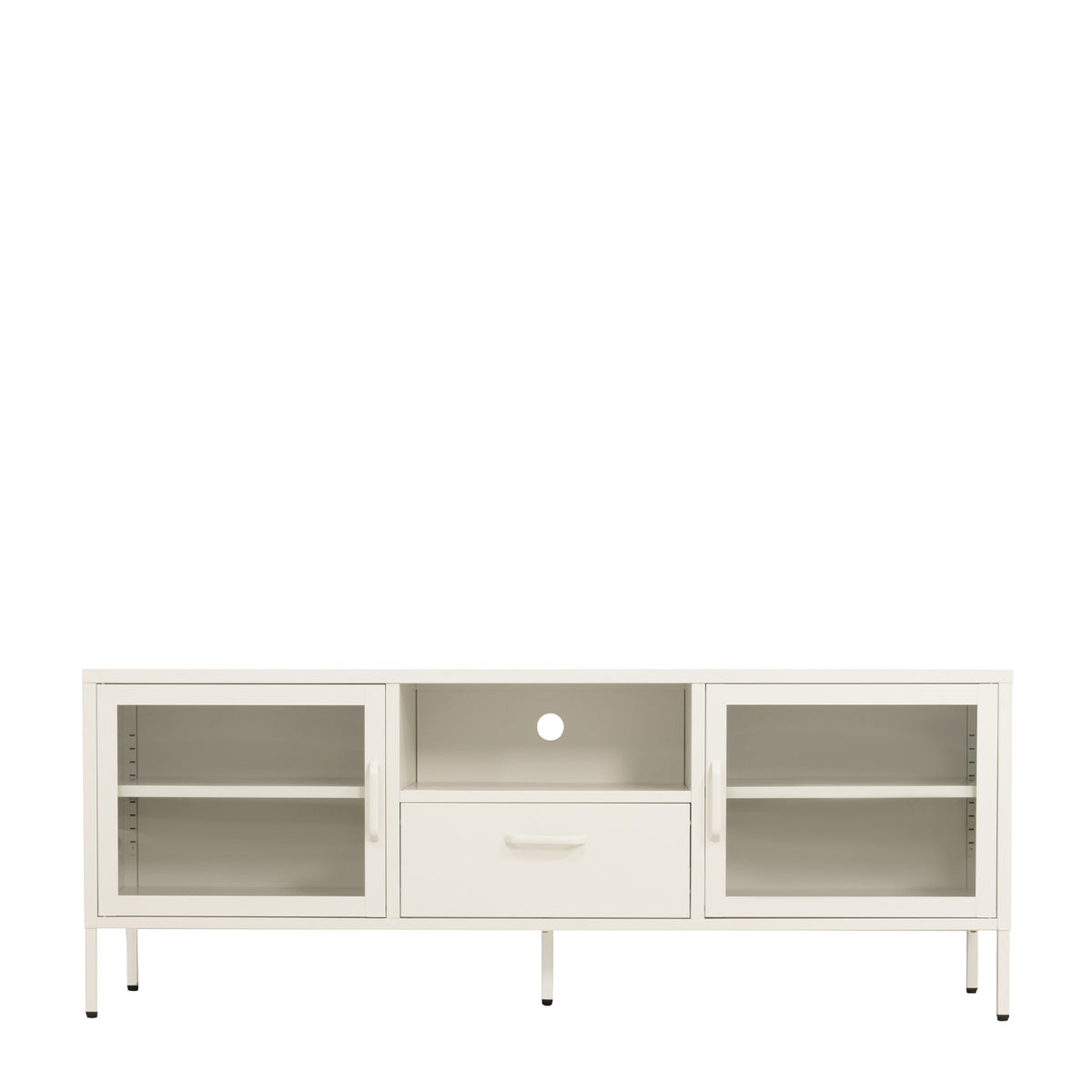 Front view of a white TV cabinet with two glass-panelled doors, internal shelving, central open media compartment, storage drawer and slim raised legs.