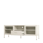 Angled view of a white TV cabinet showcasing its glass-panelled cupboard doors, central drawer, open media shelf and sleek white finish.