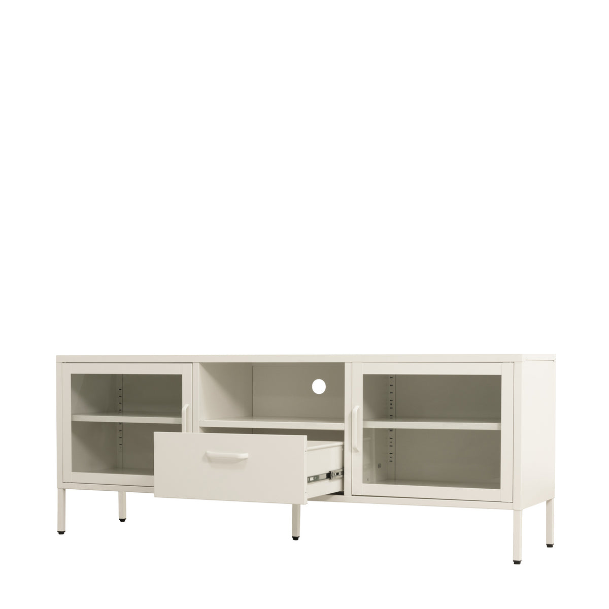 Angled view of a white TV cabinet showcasing its glass-panelled cupboard doors, central drawer, open media shelf and sleek white finish.