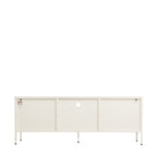 White TV cabinet with the central drawer open, highlighting its spacious storage compartment, metal runners and glass-front side cupboards.