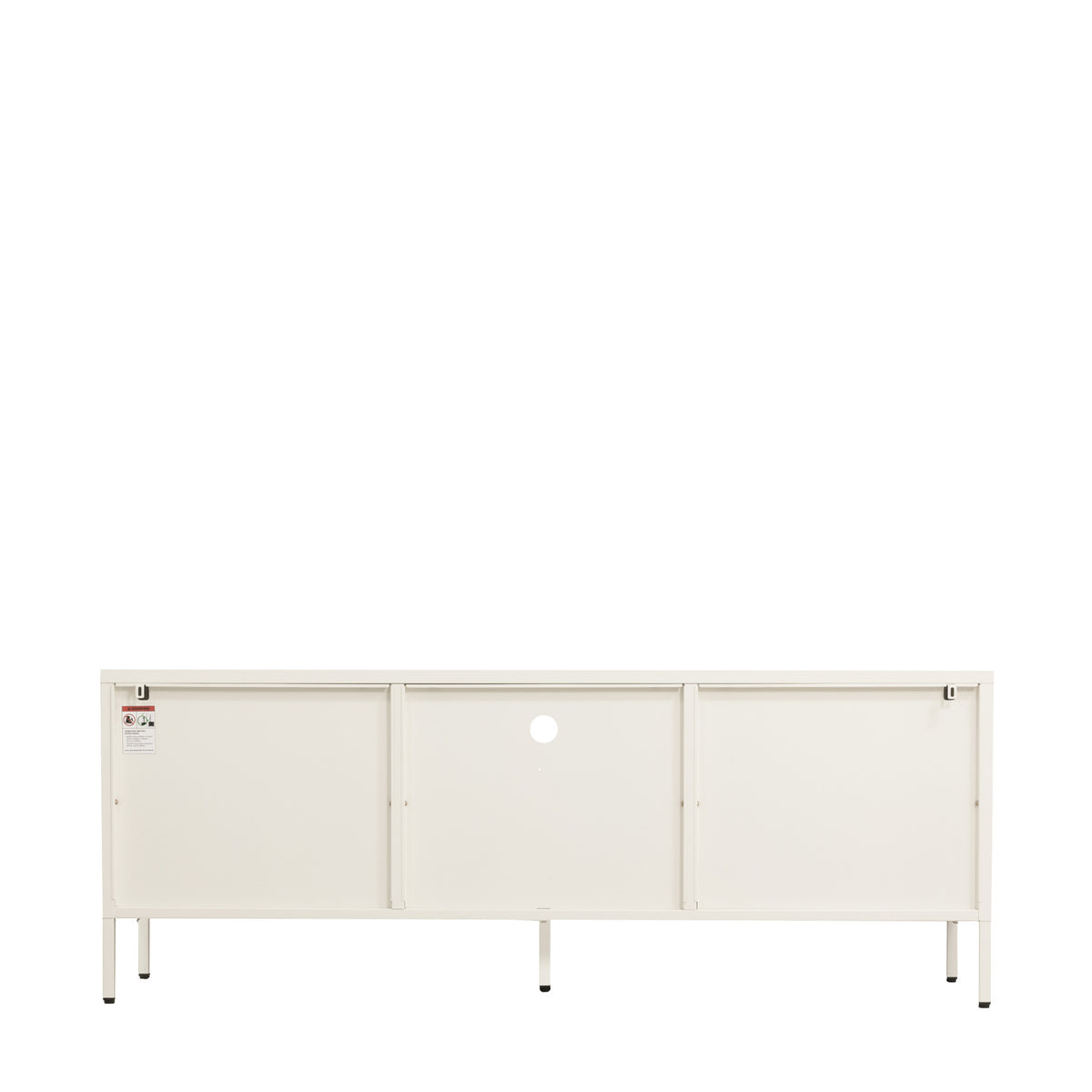 White TV cabinet with the central drawer open, highlighting its spacious storage compartment, metal runners and glass-front side cupboards.