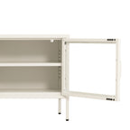 Rear view of the white TV cabinet showing its solid back panels, central cable management opening and slim raised legs.