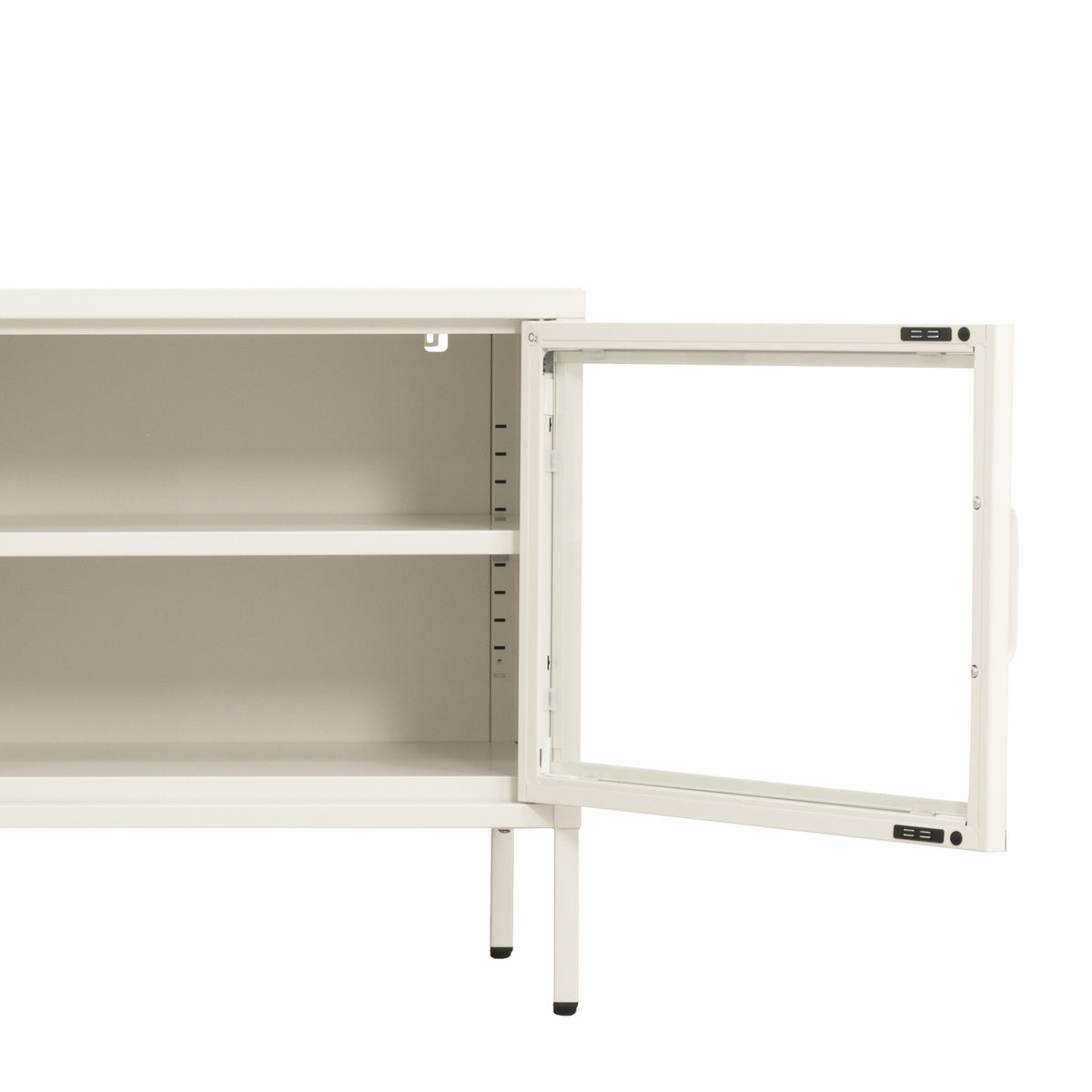 Rear view of the white TV cabinet showing its solid back panels, central cable management opening and slim raised legs.