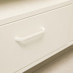 White TV cabinet with the right glass door open, revealing internal storage shelves and adjustable shelf supports.