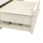 Close-up of the white TV cabinet's central drawer, highlighting the matching white horizontal handle and smooth finish.