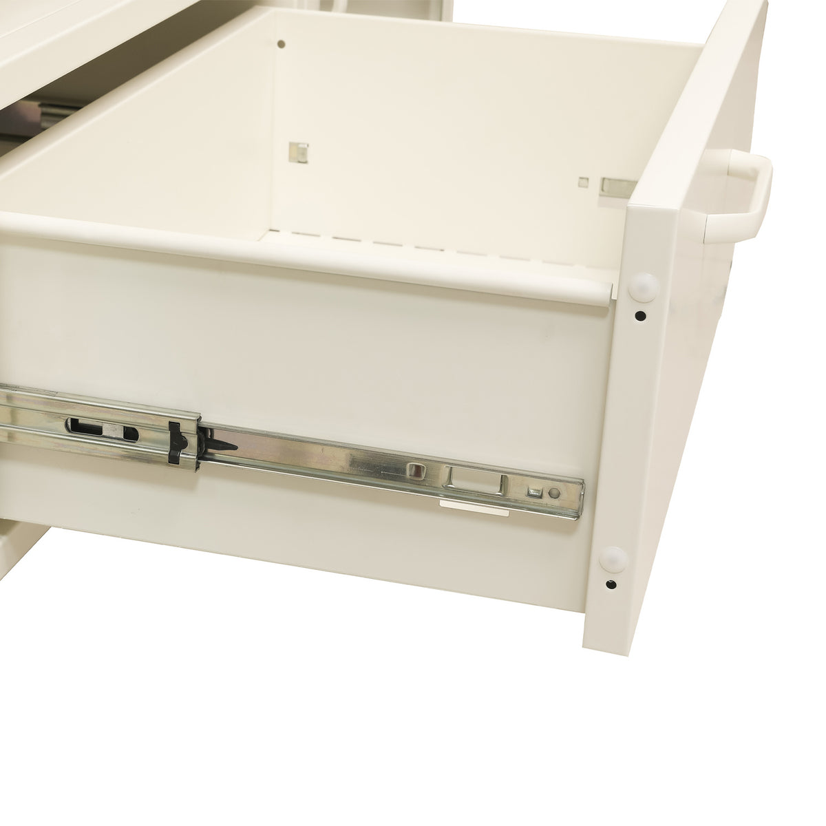 Close-up of the white TV cabinet's central drawer, highlighting the matching white horizontal handle and smooth finish.