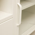 Close-up of the white TV cabinet's open drawer, showing its spacious interior and metal sliding runners.