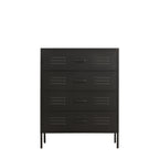 A black metal four-drawer chest with a modern industrial design, featuring recessed drawer fronts with horizontal slotted details and slim legs, shown against a plain white background.