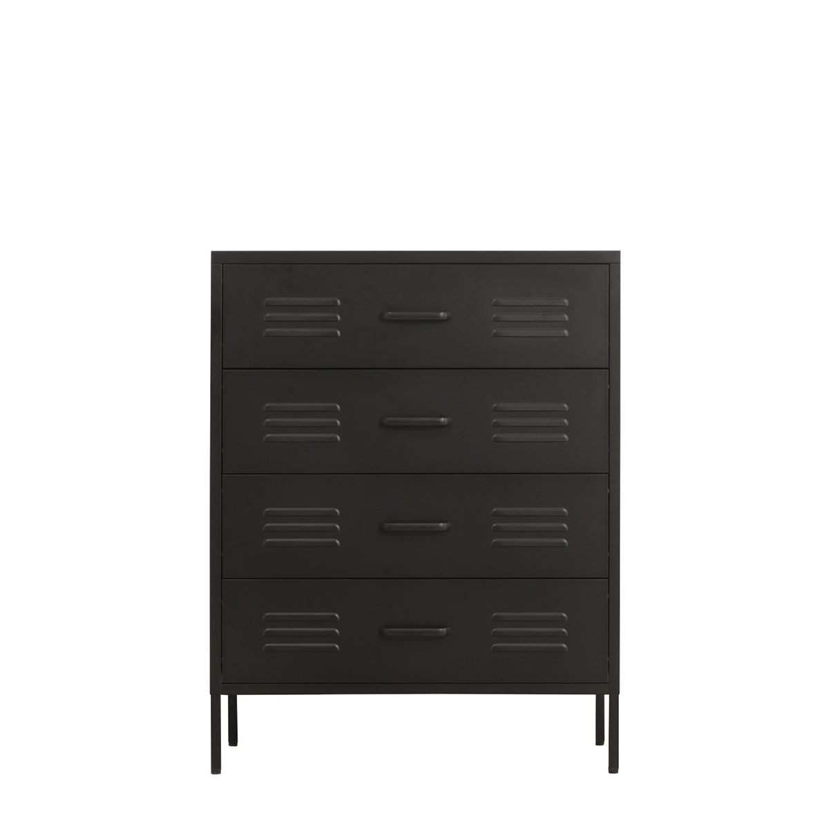 A black metal four-drawer chest with a modern industrial design, featuring recessed drawer fronts with horizontal slotted details and slim legs, shown against a plain white background.