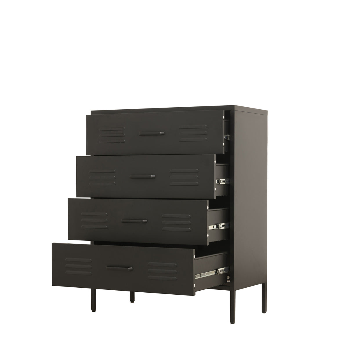 A four-drawer chest of drawers in a black finish, with the drawers pulled open to show the interior. The furniture is photographed on a seamless white background.