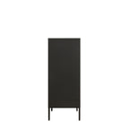 The side of a black metal cabinet shown against a plain white background.