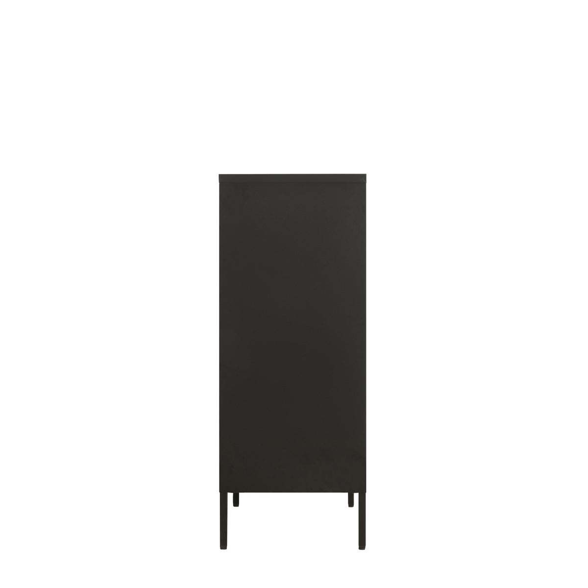 The side of a black metal cabinet shown against a plain white background.