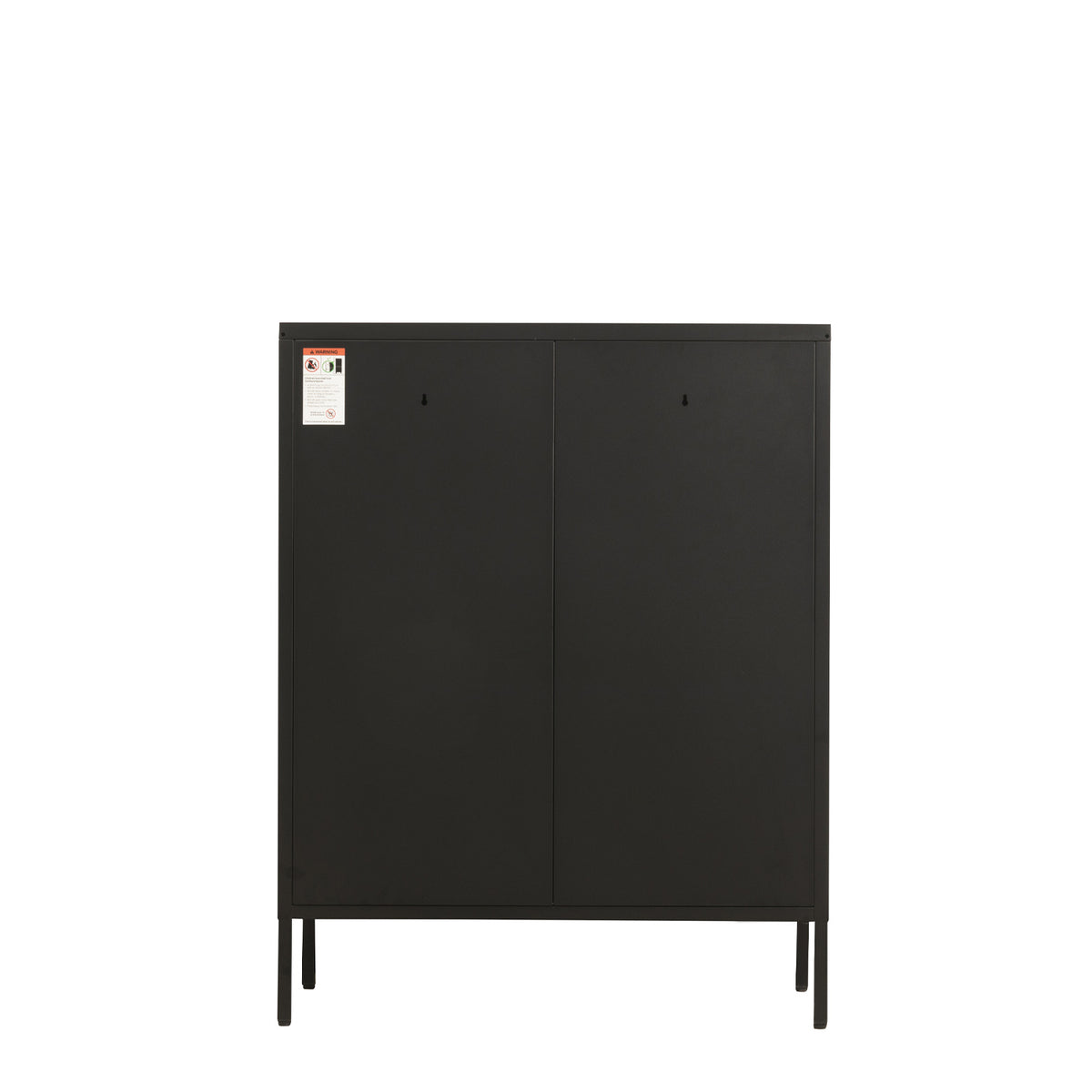 The back of a black metal cabinet shown against a plain white background.