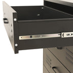 Close-up of a black drawer with a metal drawer slide partially extended, showing the drawer front, side panel, and hardware against a white background.