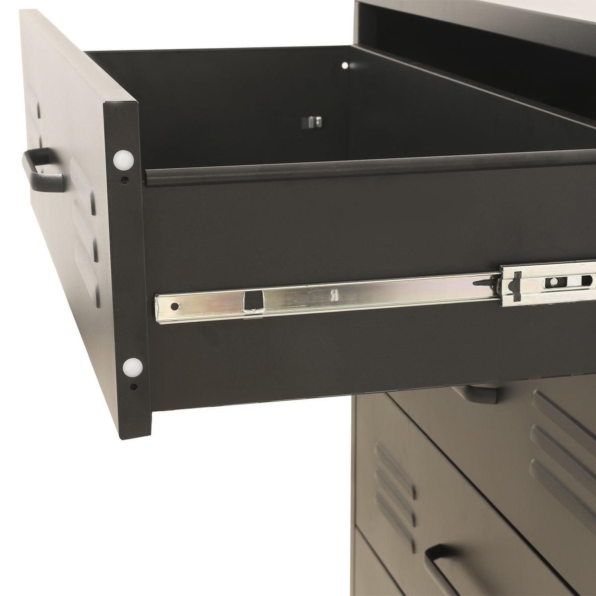 Close-up of a black drawer with a metal drawer slide partially extended, showing the drawer front, side panel, and hardware against a white background.