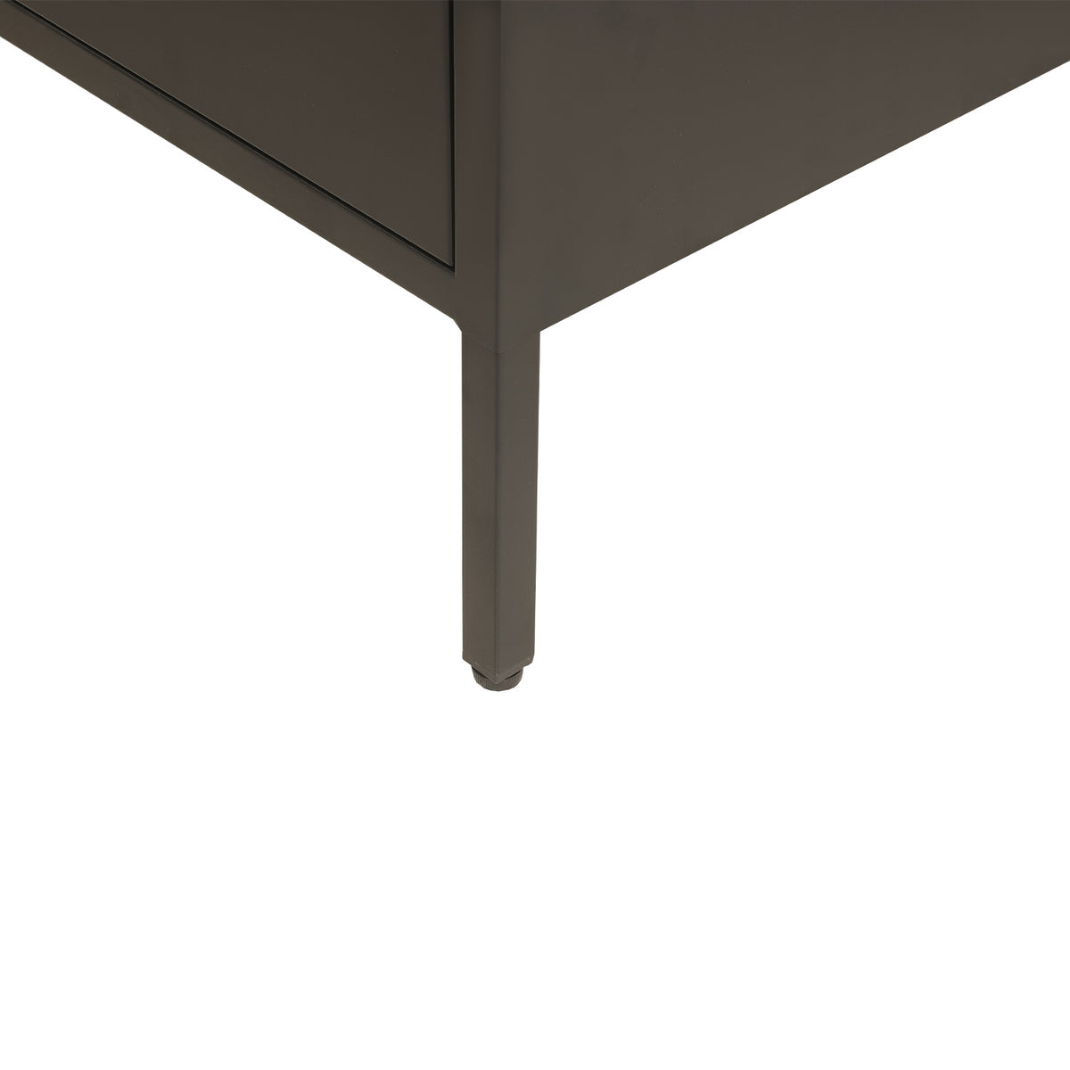 Close-up of the corner of a black cabinet , showing the leg and edge against a plain white background.