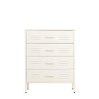 A white four-drawer chest of drawers with a minimalist industrial design, featuring horizontal pull handles and subtle vent-like recesses on each drawer front, shown on a plain white background.