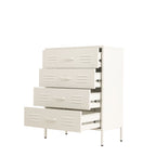 A white metal four-drawer chest with pull-out drawers, shown on a plain white background with two drawers partially open to demonstrate functionality.